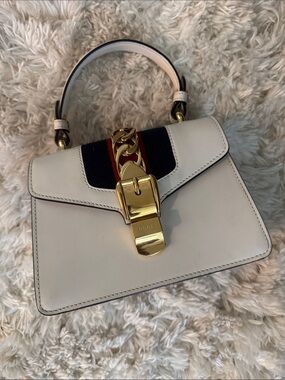 Gucci Cream Leather Top Handle Satchel with Navy and Red Web